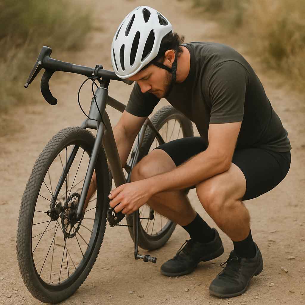 Cyclist repairing a gravel bike