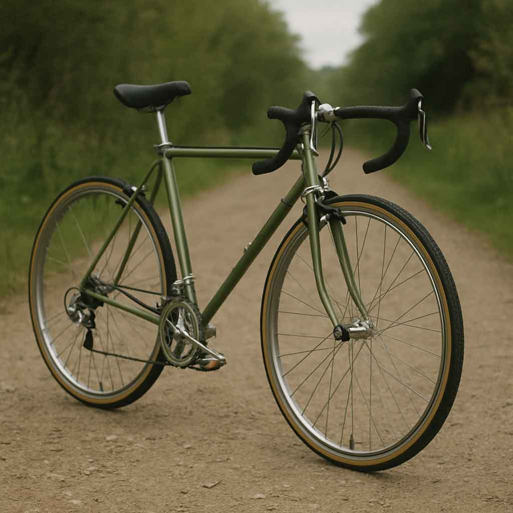 Vélo en acier sur un chemin de gravier