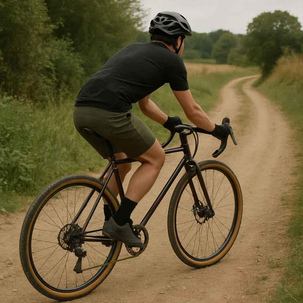 Cycliste sur un chemin de gravel avec un cadre en acier