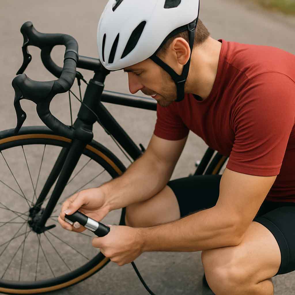 Cyclist adjusting tire pressure
