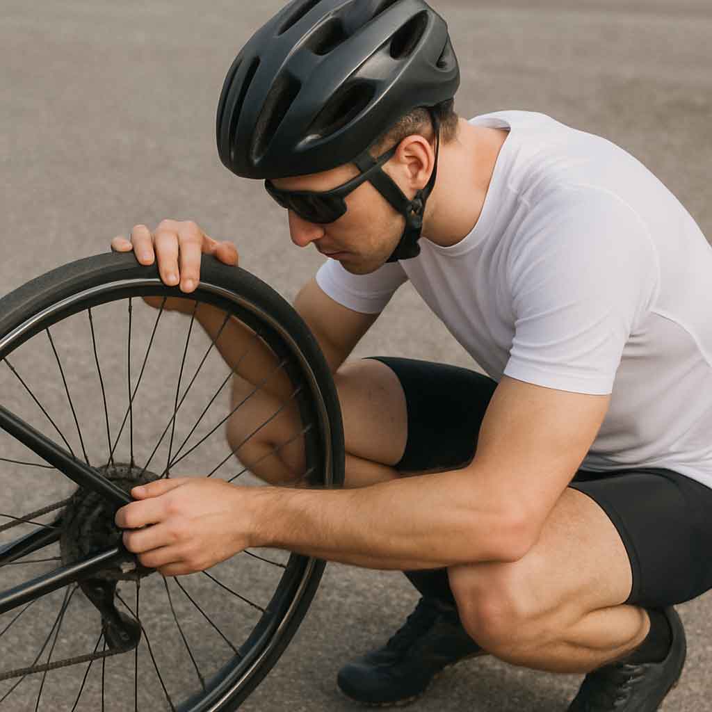 cyclist adjusting bike tire