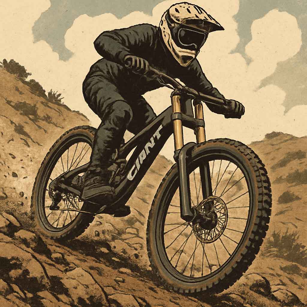 Giant downhill mountain bike on rough terrain