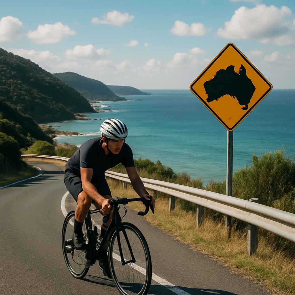 A cyclist riding a road bike on a scenic Australian route