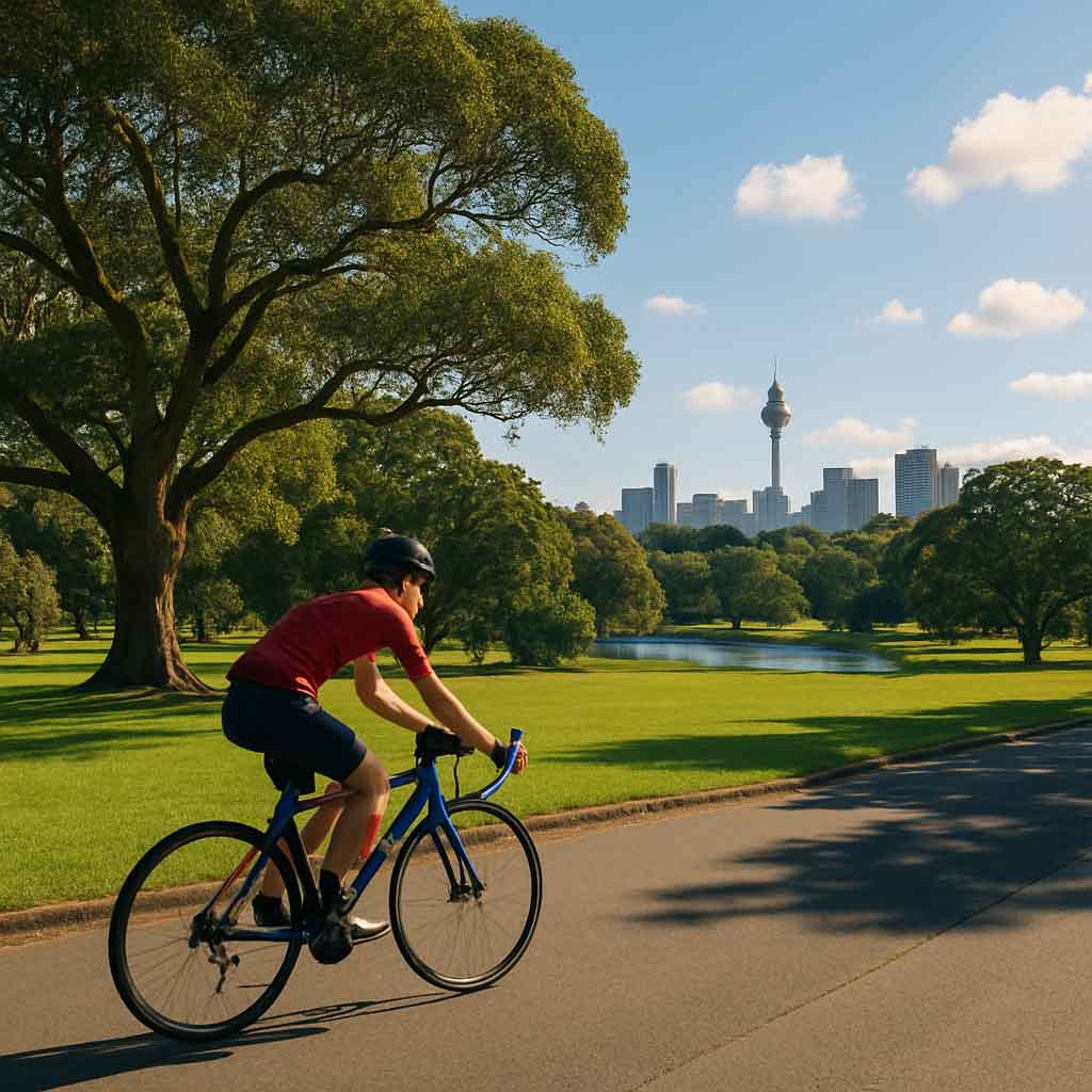 Cyclist riding through Centennial Park in Sydney