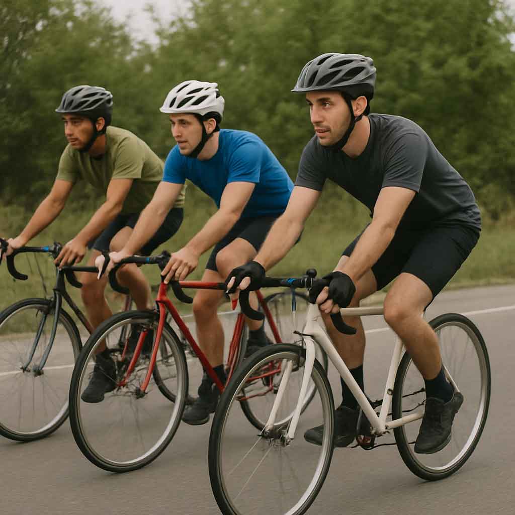 Cyclists riding budget road bikes