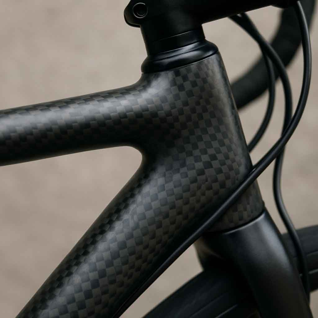 Close-up of a carbon fiber bike frame