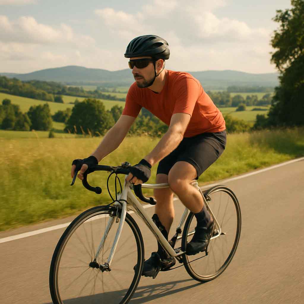 Cyclist riding a budget road bike on a scenic route