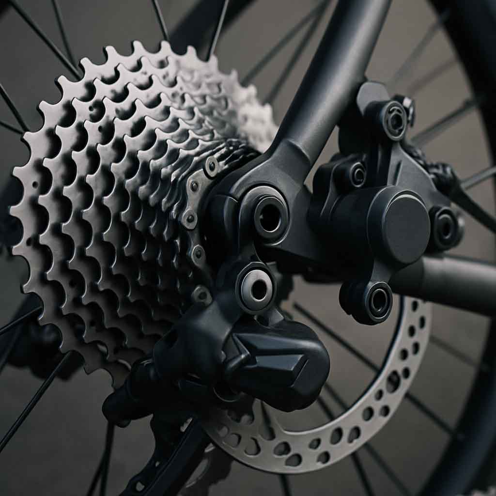 Close-up of bike components: gears and brakes