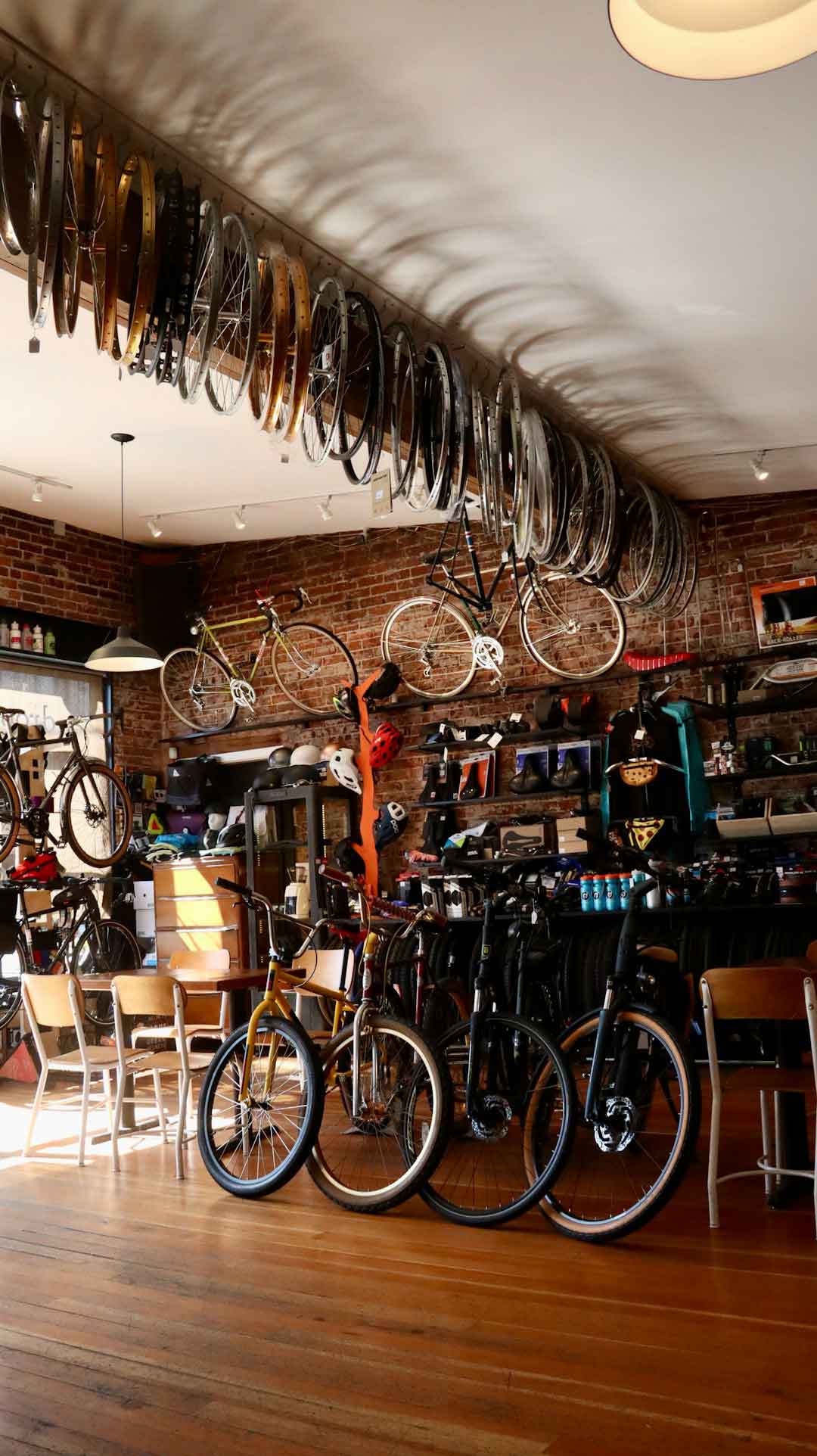 Mountain bike frames in a shop