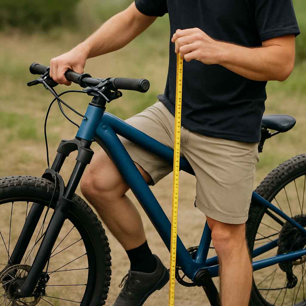 Person measuring standover height on a mountain bike