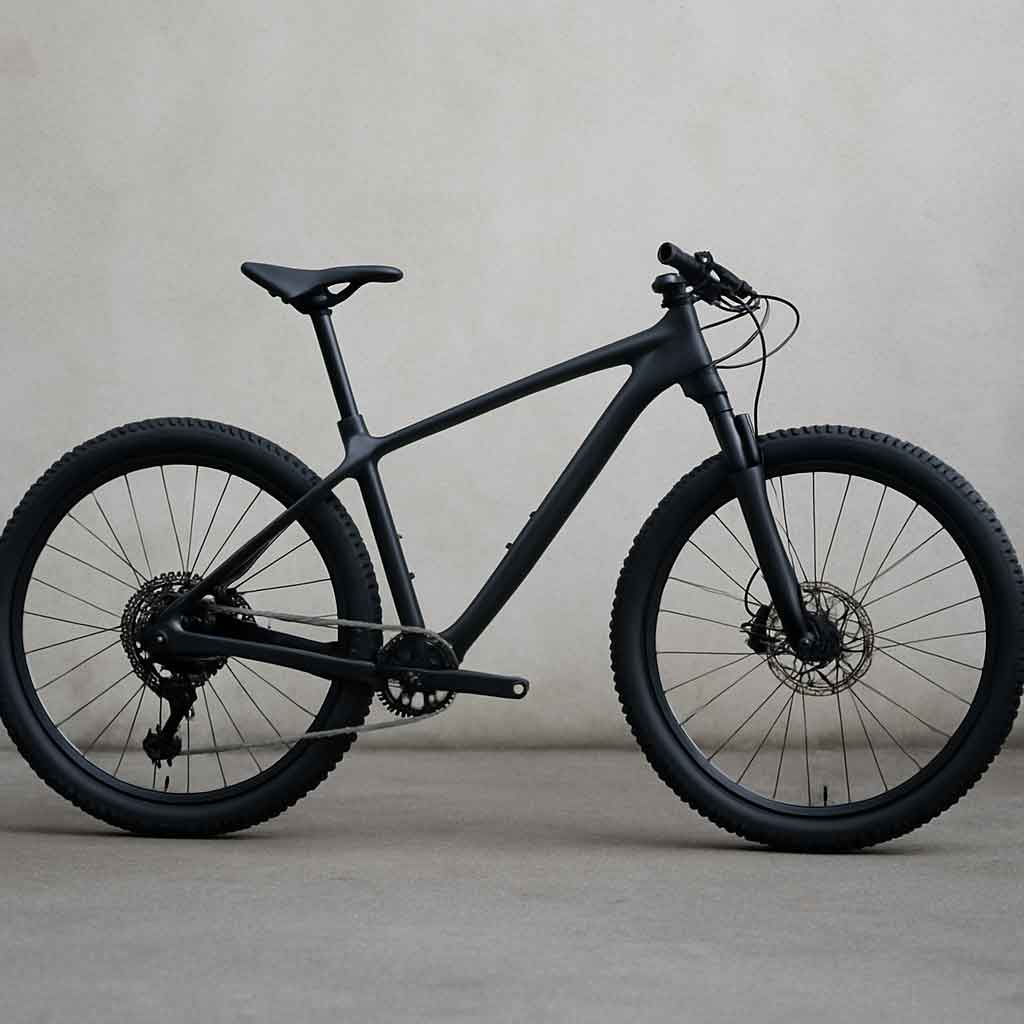 A sleek carbon frame hardtail mountain bike
