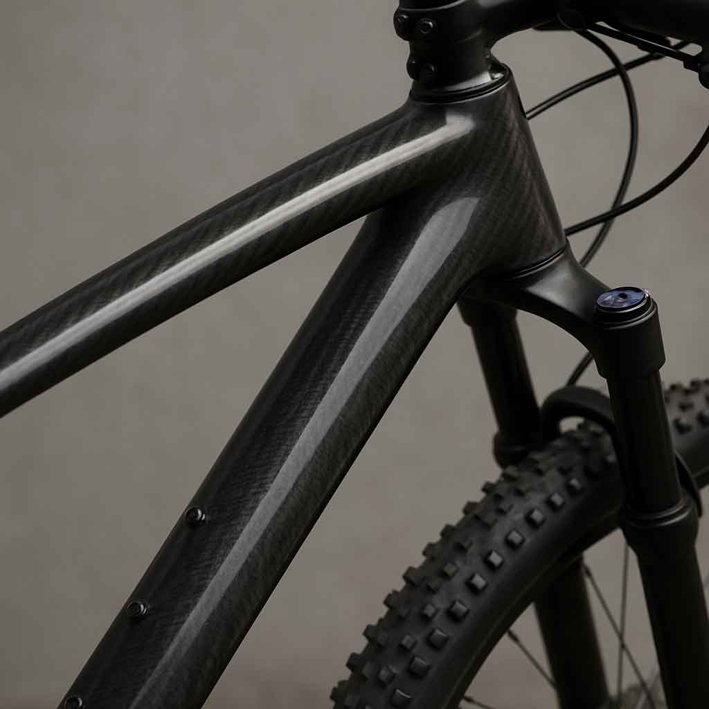 Close-up of a carbon fiber hardtail mountain bike frame