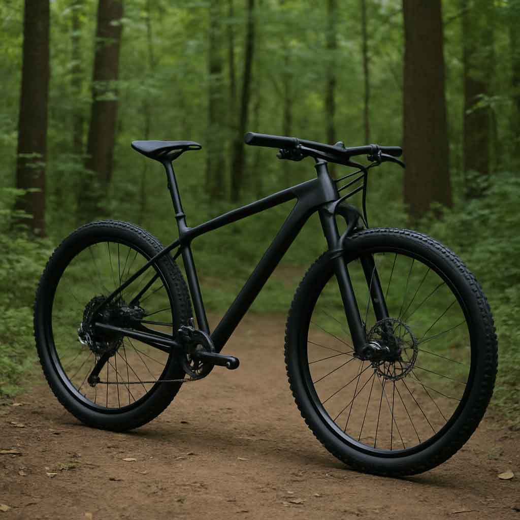 A sleek MTB carbon hardtail against a forest backdrop