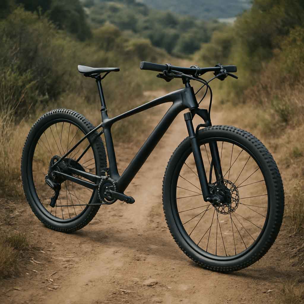 Carbon hardtail mountain bike on a trail