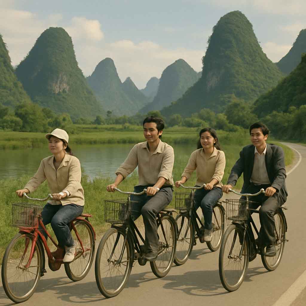 Cyclists riding Chinese bicycles on a scenic route