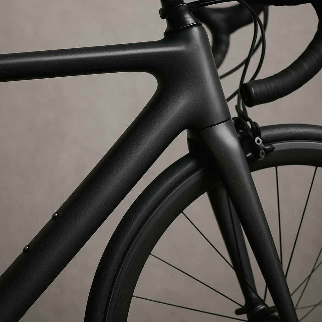 Close-up of a carbon road bike frame