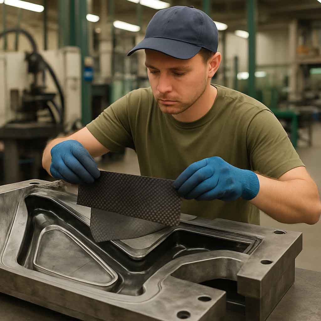 A clean, well-lit photo of a factory worker carefully placing a small piece of carbon fabric into a metal mold for a bicycle frame