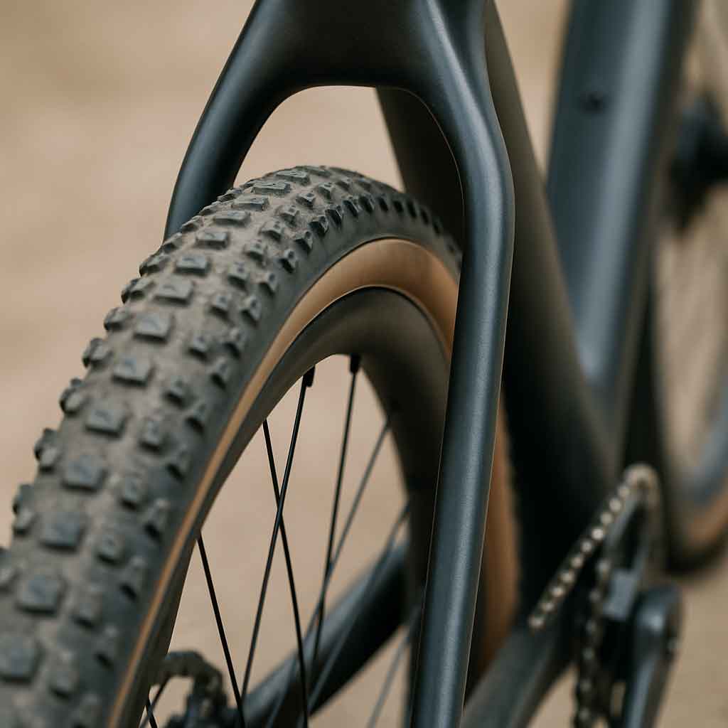 A close-up shot of a carbon gravel bike's rear wheel, showing ample space between the wide, slightly knobby tire and the frame. The cables are not visible, disappearing cleanly into the frame
