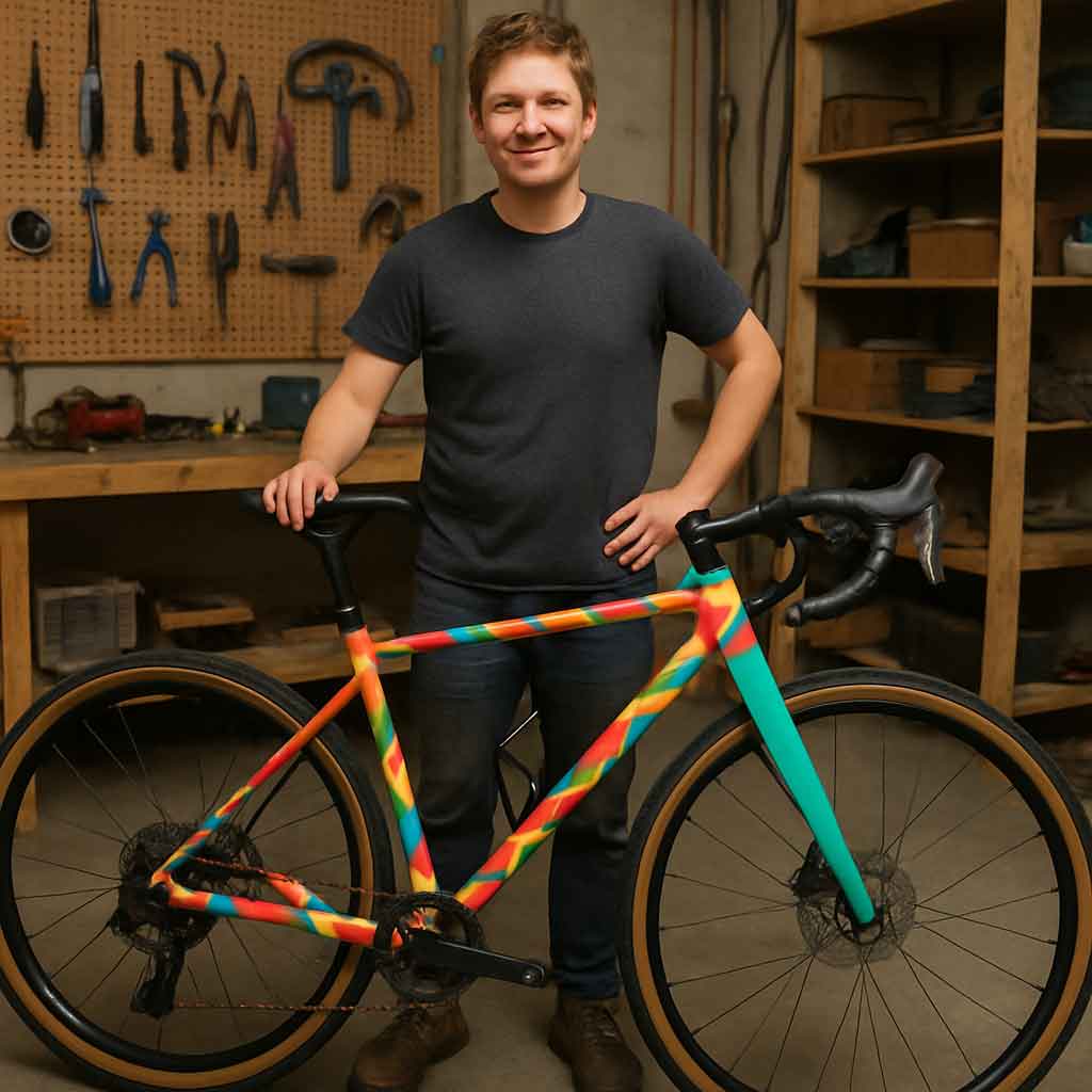 A person proudly standing next to a unique, custom-painted gravel bike they have just finished building in their garage or workspace
