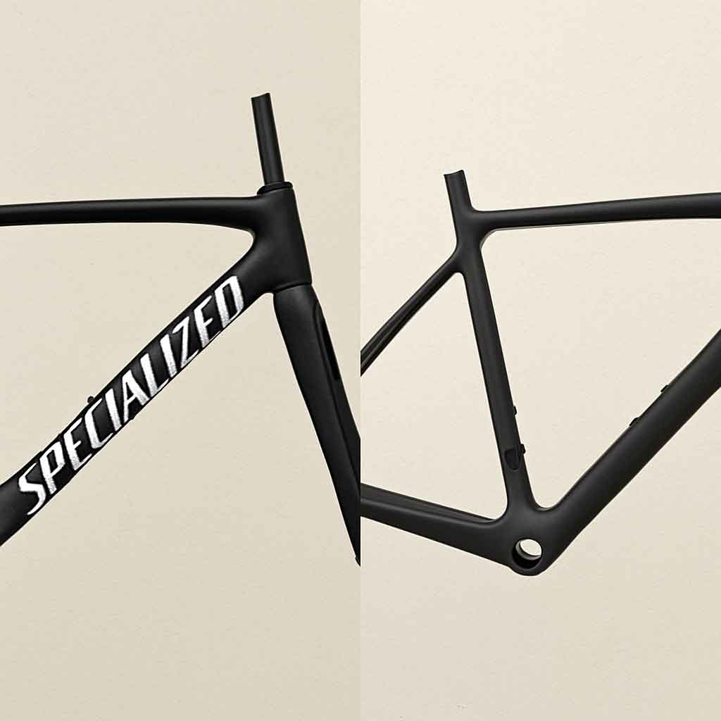 A simple side-by-side comparison. On the left, a frame with a poorly applied, fake "Specialized" logo. On the right, a clean, unbranded "open-mould" frame of the same shape, highlighting its lack of logos