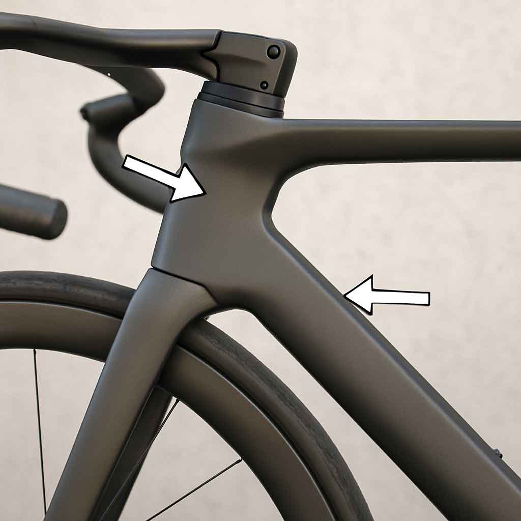 A clear photo showing a close-up of a modern aero bike's frame, focusing on the junction of the head tube, top tube, and down tube. Arrows or highlights point to the non-round, shaped profiles