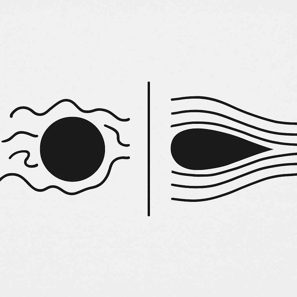 A simple side-by-side graphic showing a round tube with messy air-flow lines behind it, next to a teardrop-shaped "airfoil" tube with smooth air-flow lines