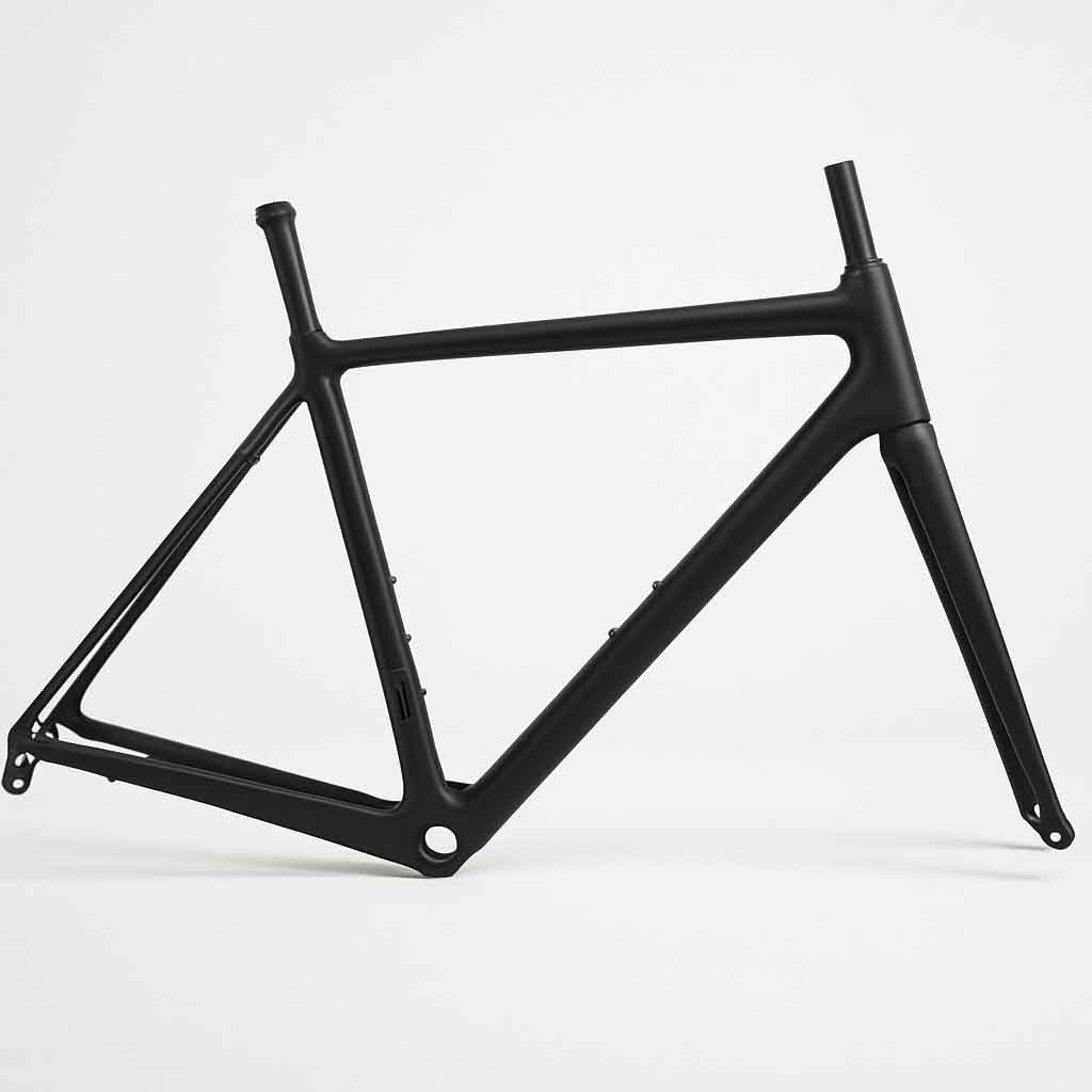 A clean, simple studio shot of a bare road bike frame (either carbon or aluminum) against a white background, highlighting its shape as the skeleton.