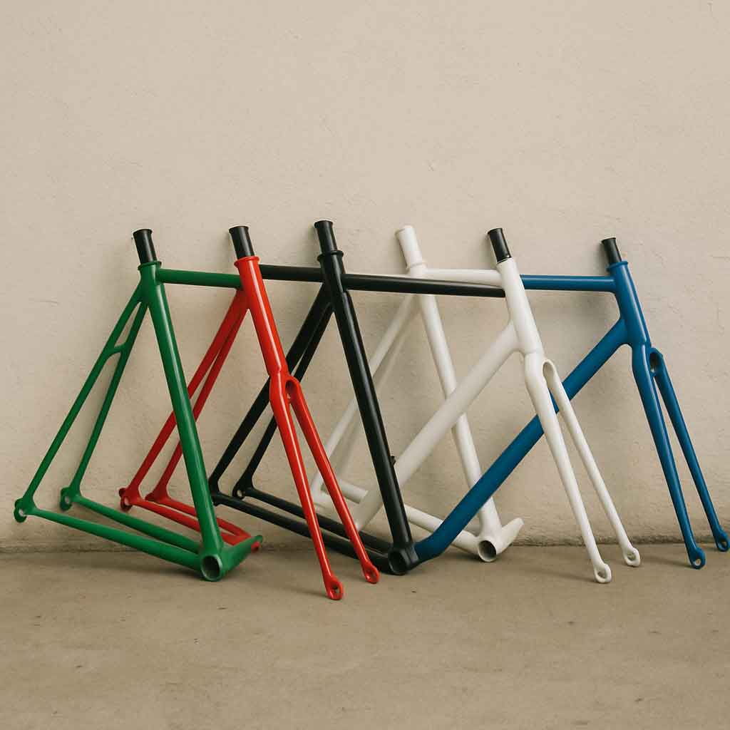 A variety of lightweight bike frames leaning against a wall
